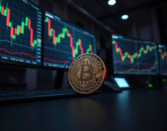 Bitcoin coin in foreground with trading chart monitors in background