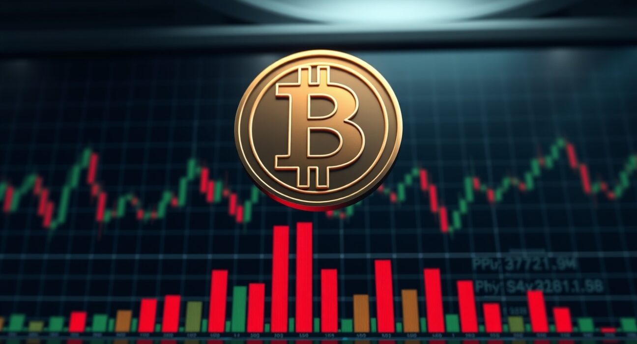 Bitcoin coin symbol on a dark financial dashboard with red and green liquidation bars indicating market volatility.