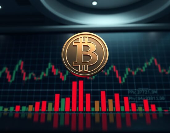 Bitcoin coin symbol on a dark financial dashboard with red and green liquidation bars indicating market volatility.