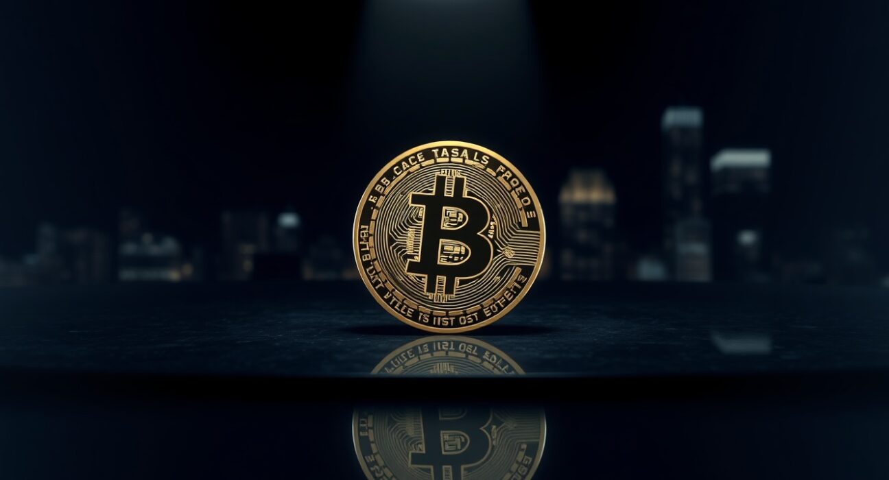 Bitcoin coin on a reflective surface with a blurred city skyline in the background.