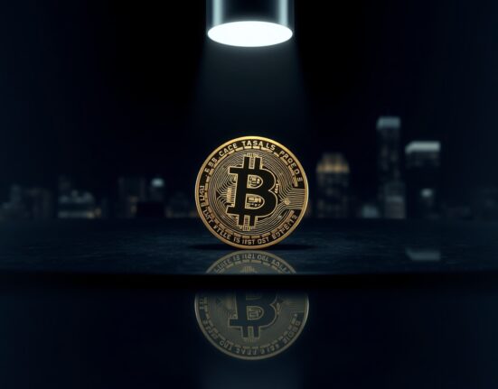 Bitcoin coin on a reflective surface with a blurred city skyline in the background.