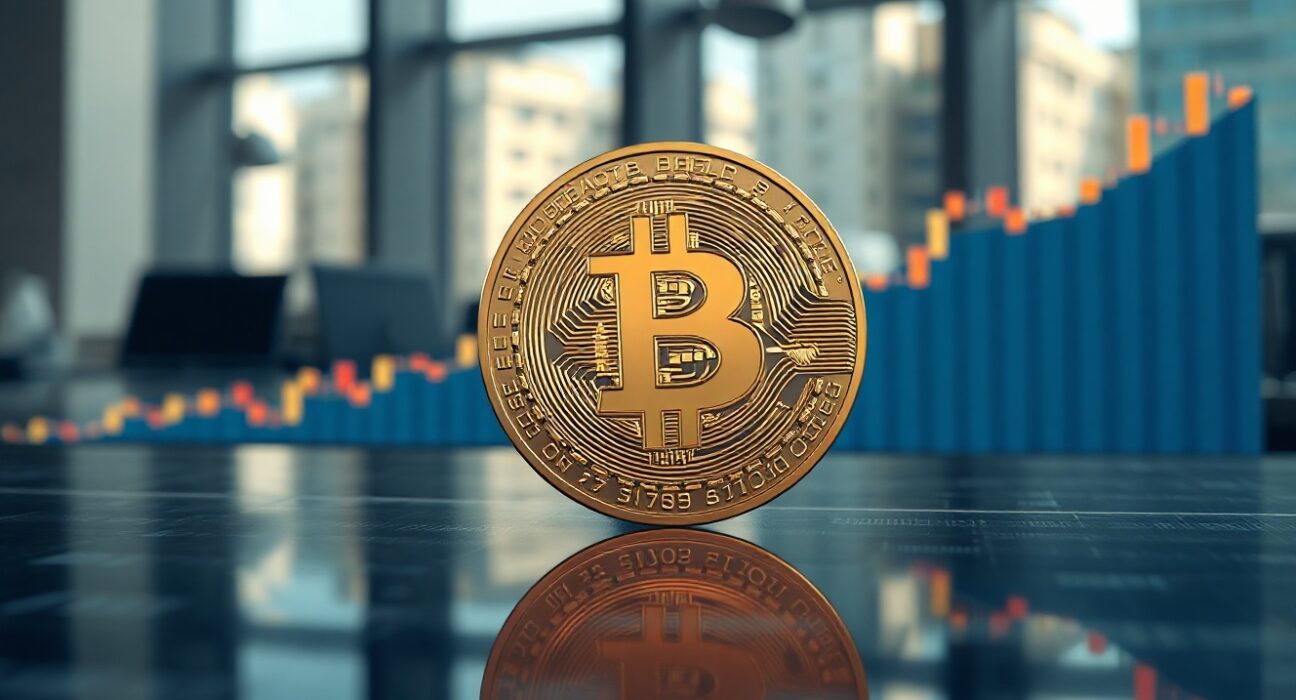 Bitcoin coin on financial chart approaching $68,000 resistance level in an editorial news style.