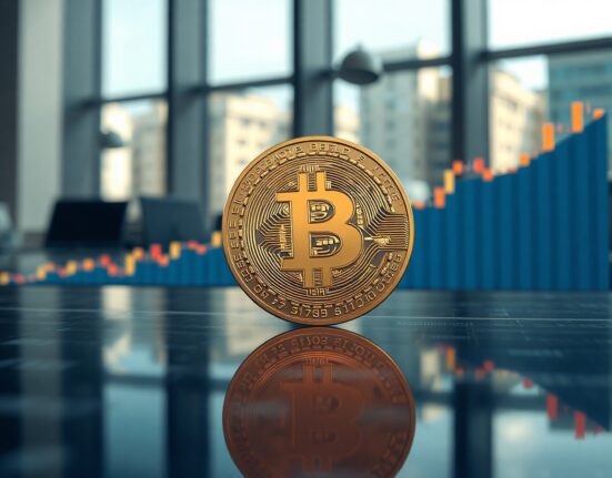Bitcoin coin on financial chart approaching $68,000 resistance level in an editorial news style.