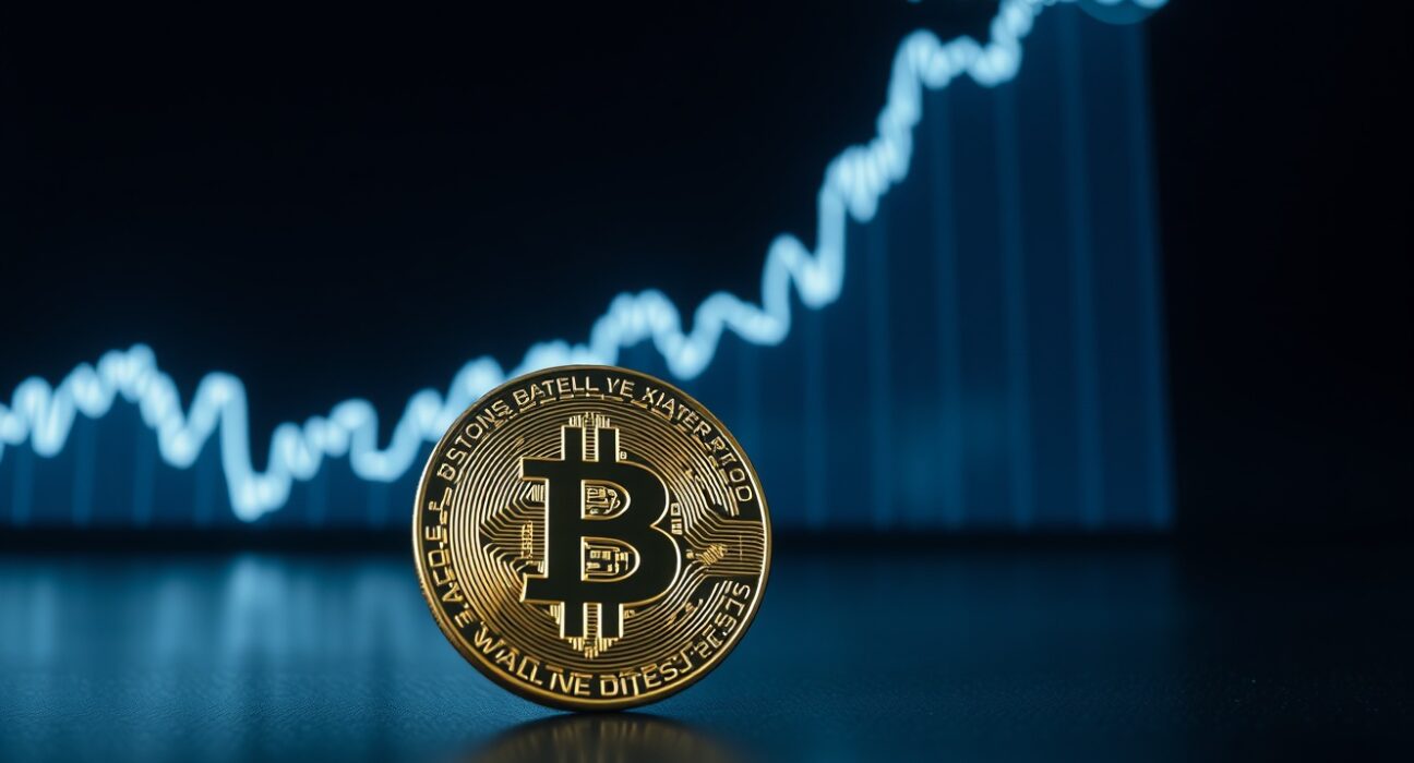 Bitcoin coin with upward chart and $69,000 price marker in dark, editorial-style setting