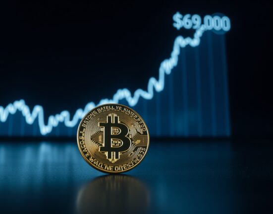 Bitcoin coin with upward chart and $69,000 price marker in dark, editorial-style setting
