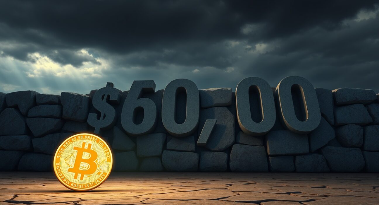 Bitcoin coin in foreground facing a stone wall with $69,000 carved into it under a dramatic sky
