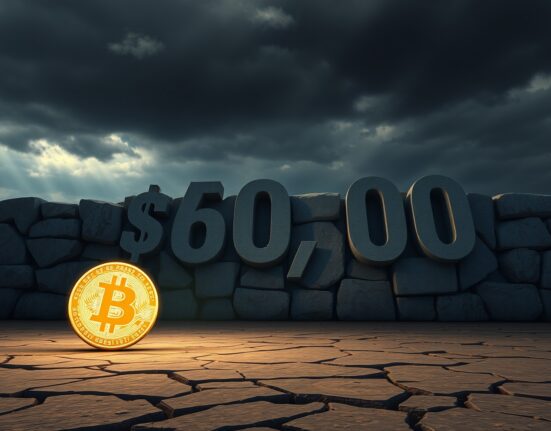 Bitcoin coin in foreground facing a stone wall with $69,000 carved into it under a dramatic sky