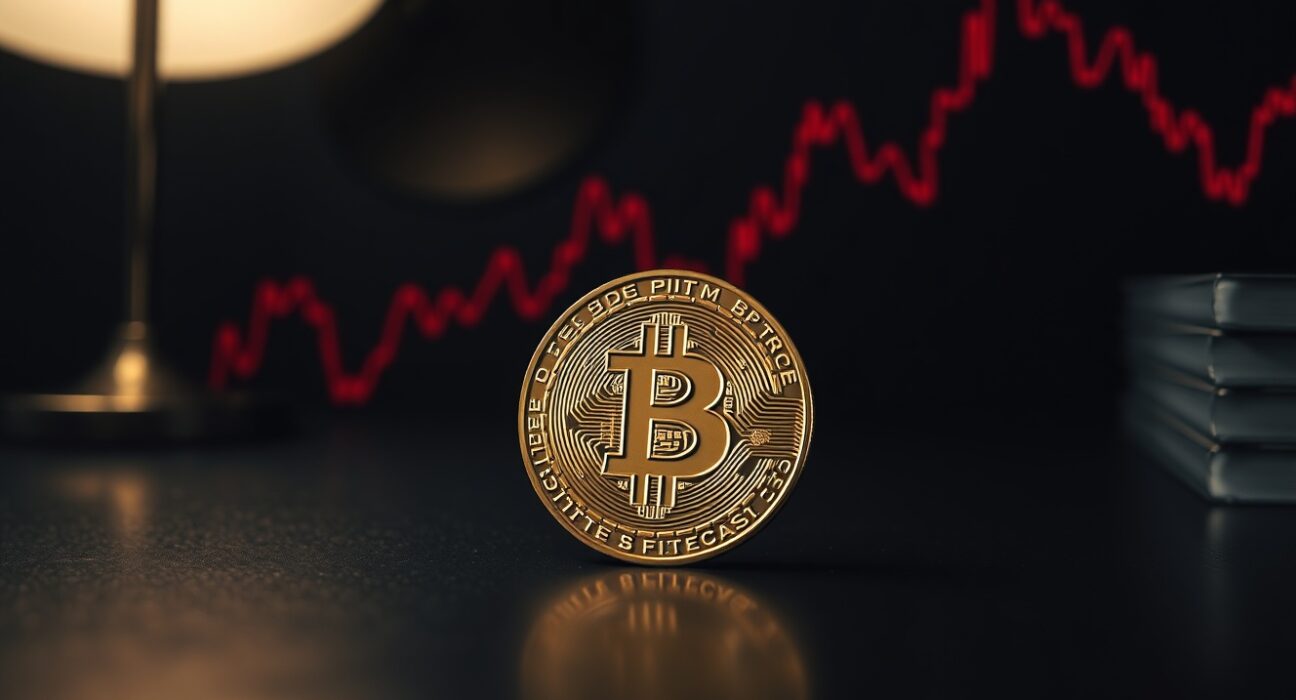 Bitcoin coin on a dark surface with a red downward chart in the background, representing a price drop forecast.