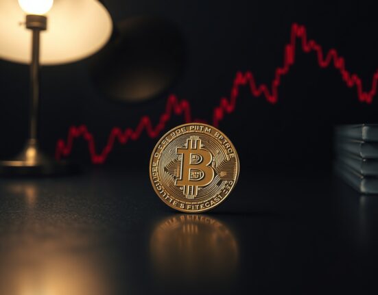 Bitcoin coin on a dark surface with a red downward chart in the background, representing a price drop forecast.