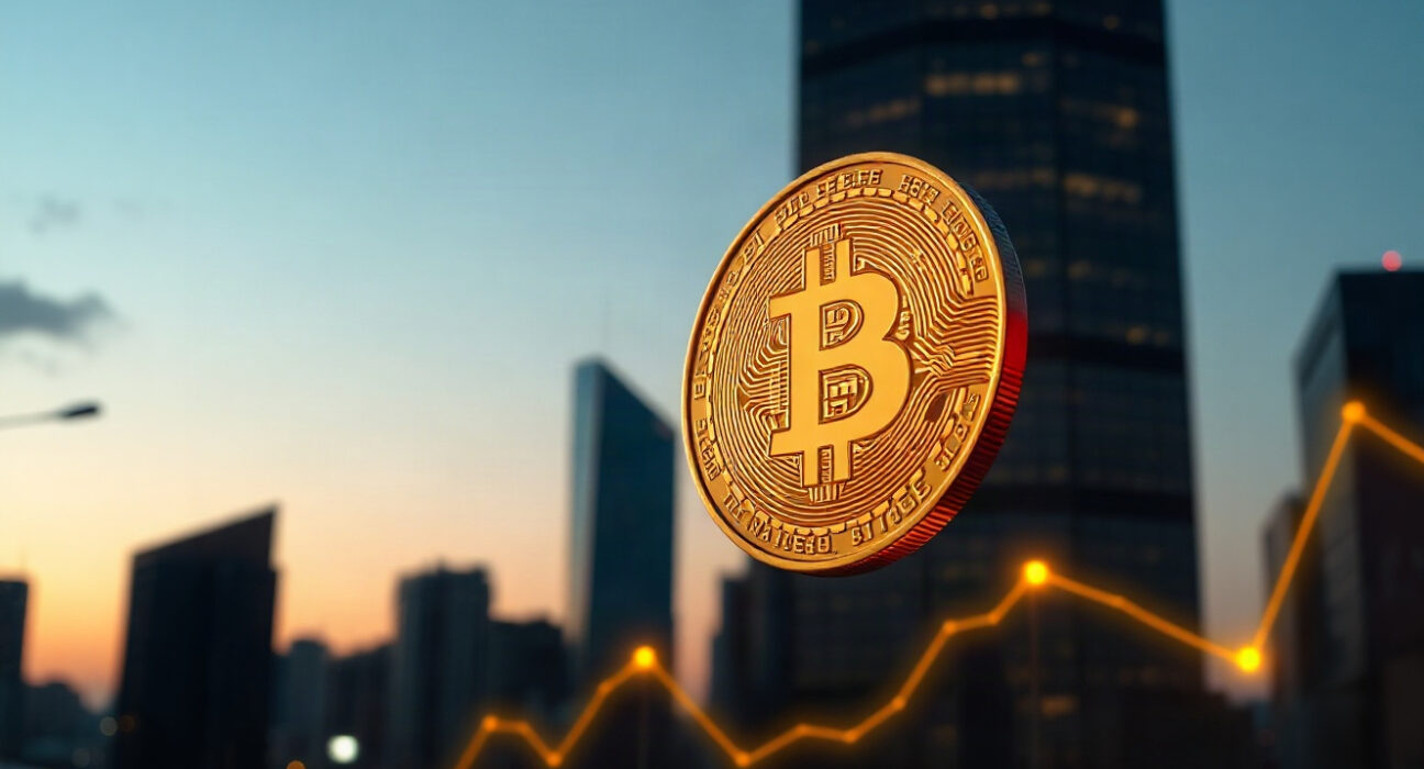 Bitcoin coin in foreground with city skyline and upward chart line in background