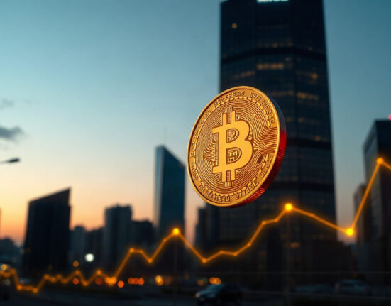 Bitcoin coin in foreground with city skyline and upward chart line in background