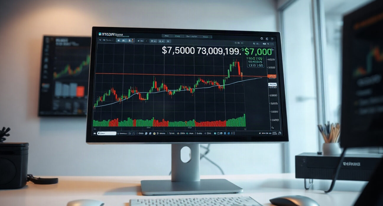 Bitcoin price chart approaching $75,000 on a trading screen
