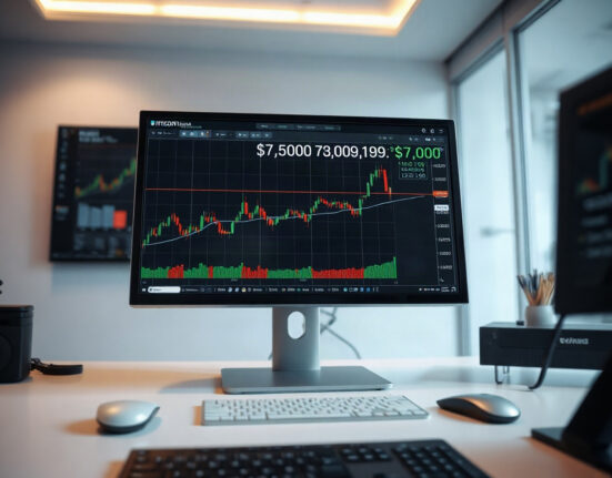Bitcoin price chart approaching $75,000 on a trading screen