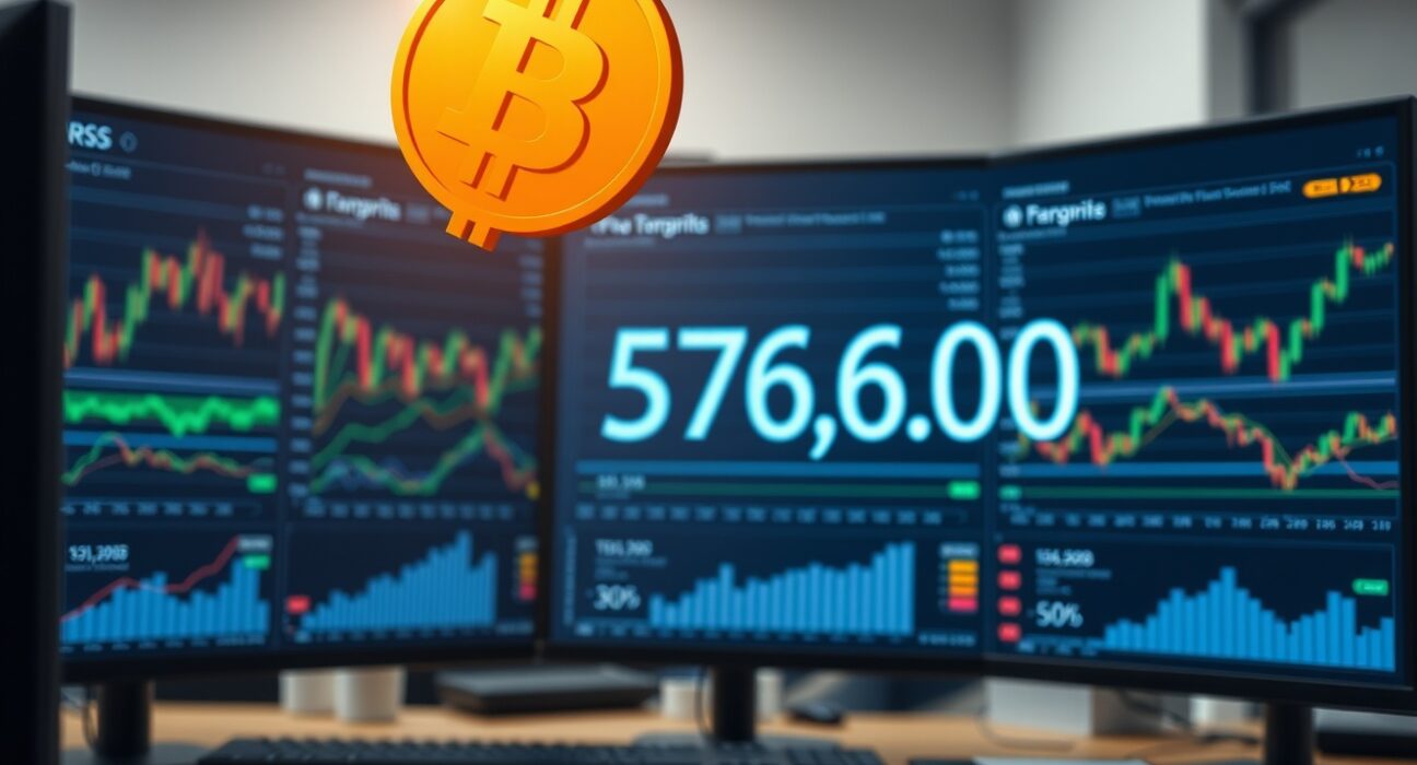 Bitcoin cryptocurrency symbol approaching $76,000 resistance level on financial market dashboard
