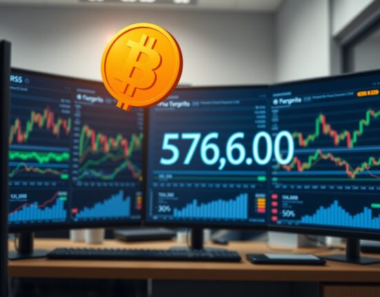Bitcoin cryptocurrency symbol approaching $76,000 resistance level on financial market dashboard