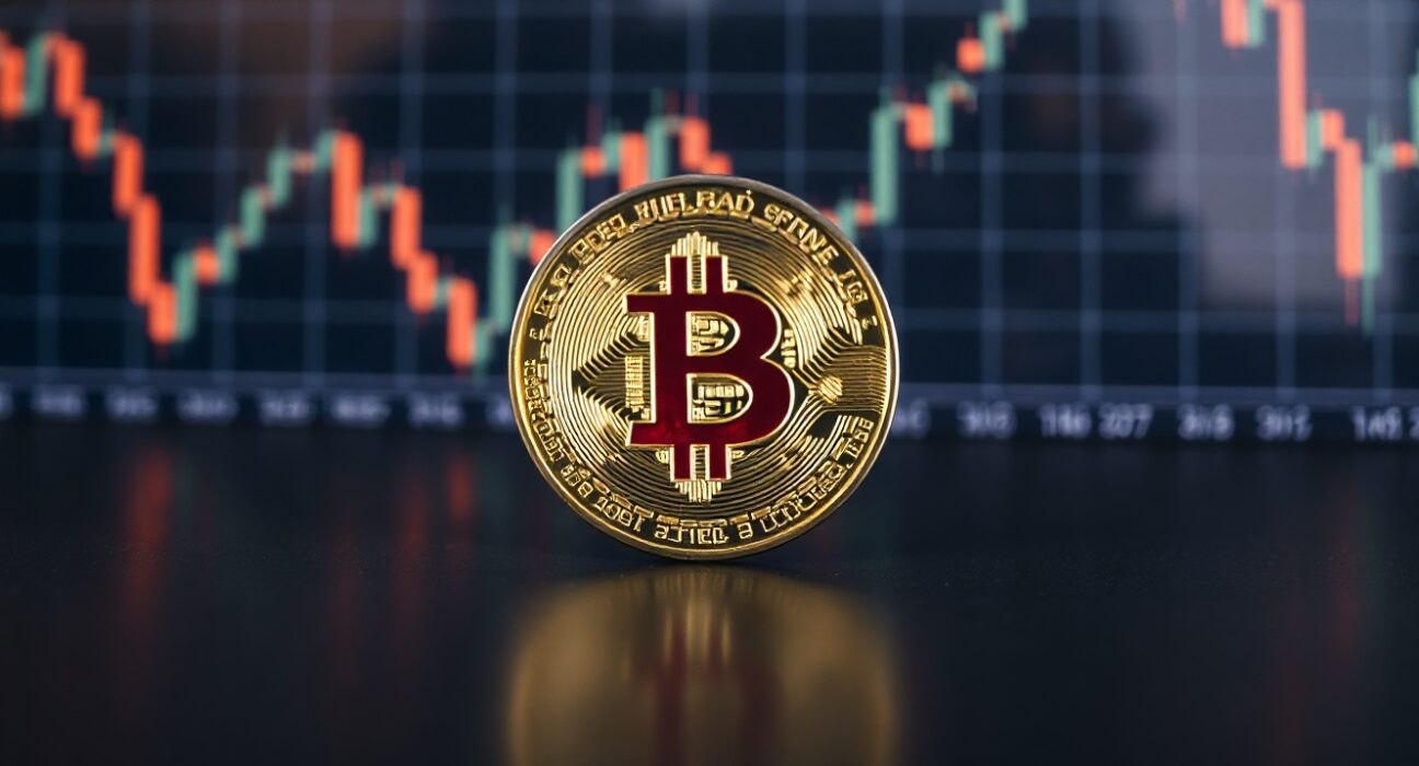 Bitcoin coin on reflective surface with financial chart in background