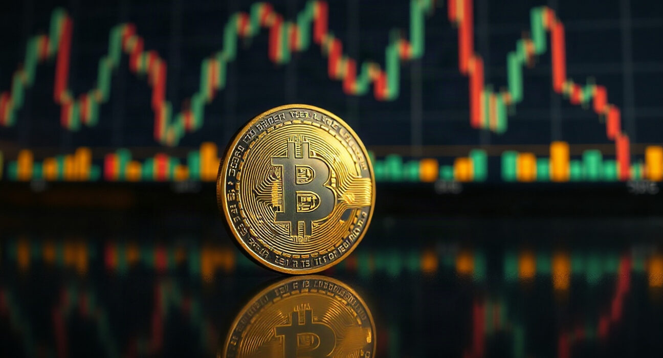 Bitcoin coin in foreground with a subtle price chart in the background, symbolizing market analysis and volatility.