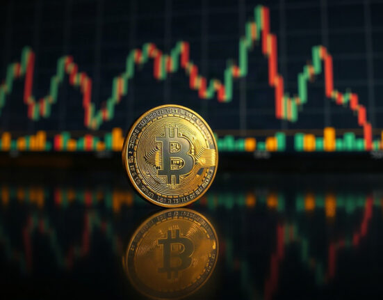 Bitcoin coin in foreground with a subtle price chart in the background, symbolizing market analysis and volatility.