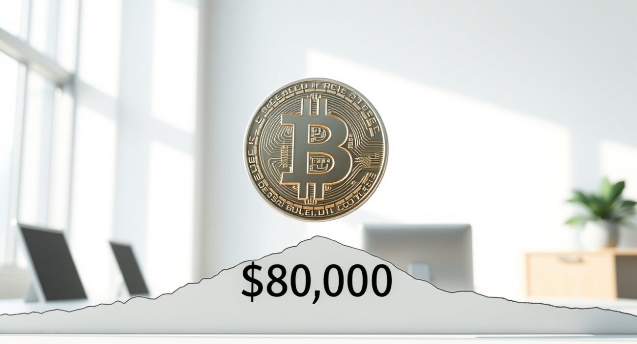 Bitcoin coin above the critical $80,000 threshold line on a financial chart, symbolizing market resistance.