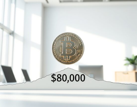 Bitcoin coin above the critical $80,000 threshold line on a financial chart, symbolizing market resistance.