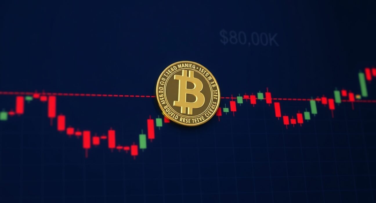 Bitcoin coin on a trading chart showing $80K resistance level, representing short-term holder selling pressure.