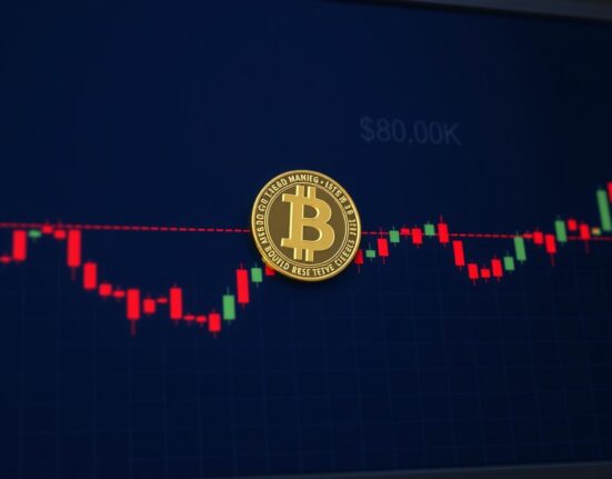Bitcoin coin on a trading chart showing $80K resistance level, representing short-term holder selling pressure.