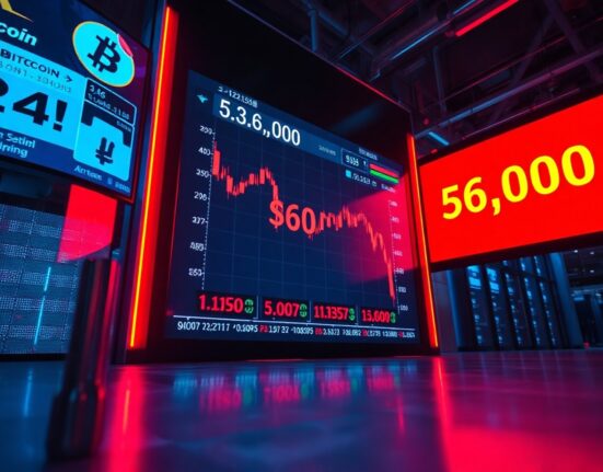 Bitcoin price chart approaching $60,000 with liquidation data displayed on a trading screen