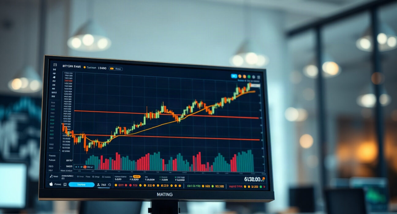 Bitcoin price chart on a monitor with moving average indicator in a trading office