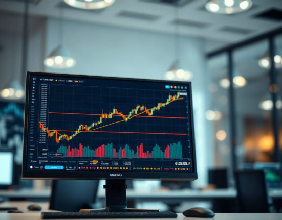 Bitcoin price chart on a monitor with moving average indicator in a trading office