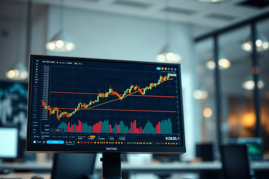 Bitcoin price chart on a monitor with moving average indicator in a trading office