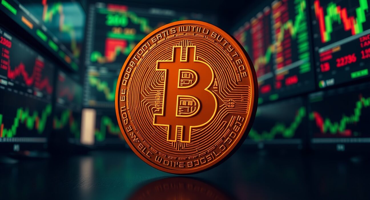Bitcoin coin glowing on a dark trading floor with charts in the background