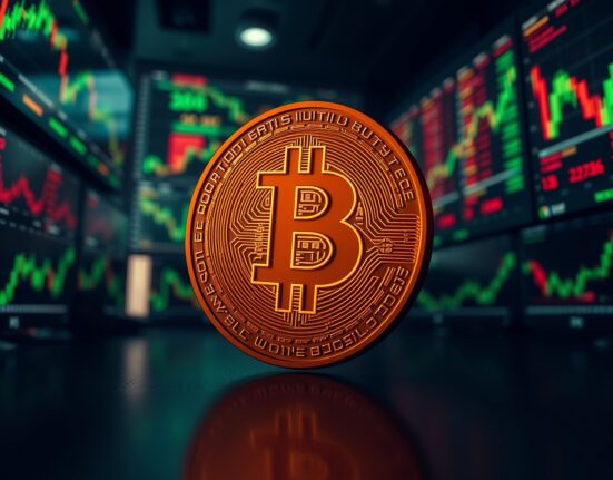Bitcoin coin glowing on a dark trading floor with charts in the background
