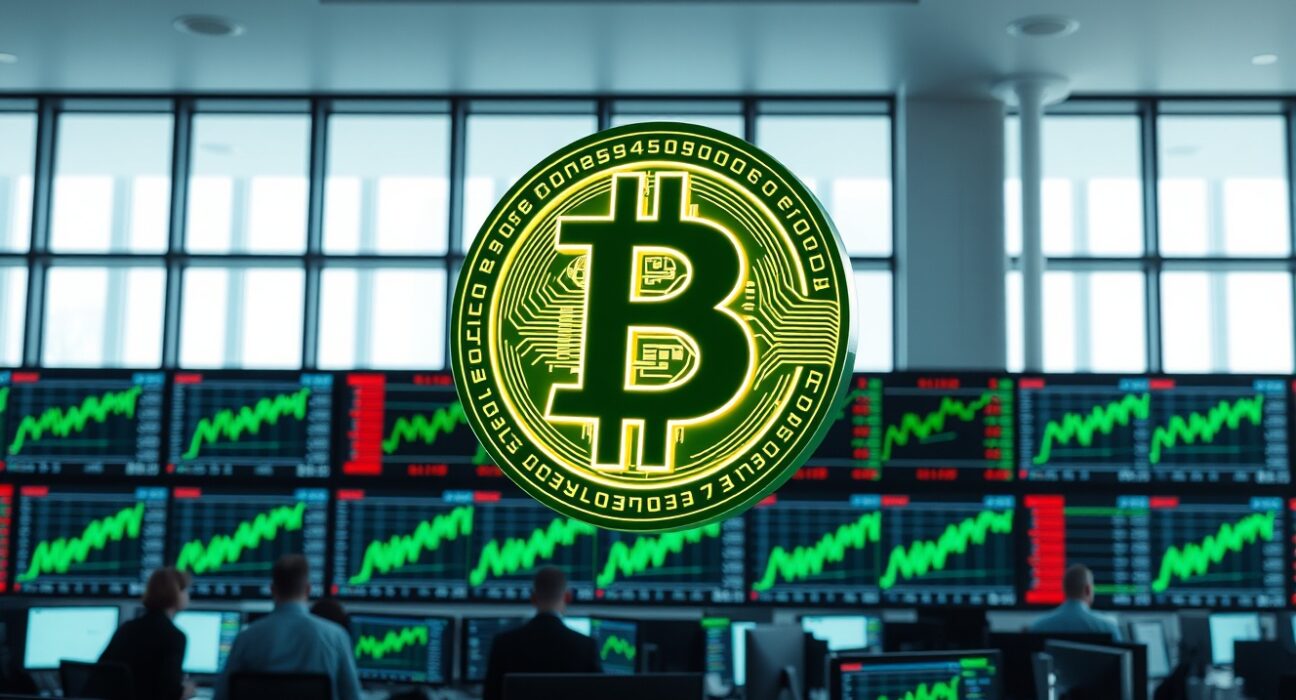 Bitcoin symbol above trading floor monitors showing green uptrend charts