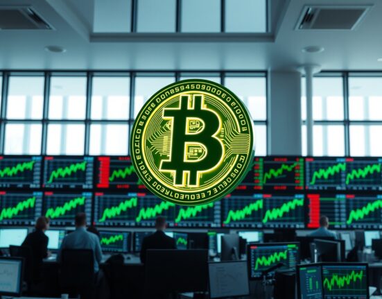 Bitcoin symbol above trading floor monitors showing green uptrend charts