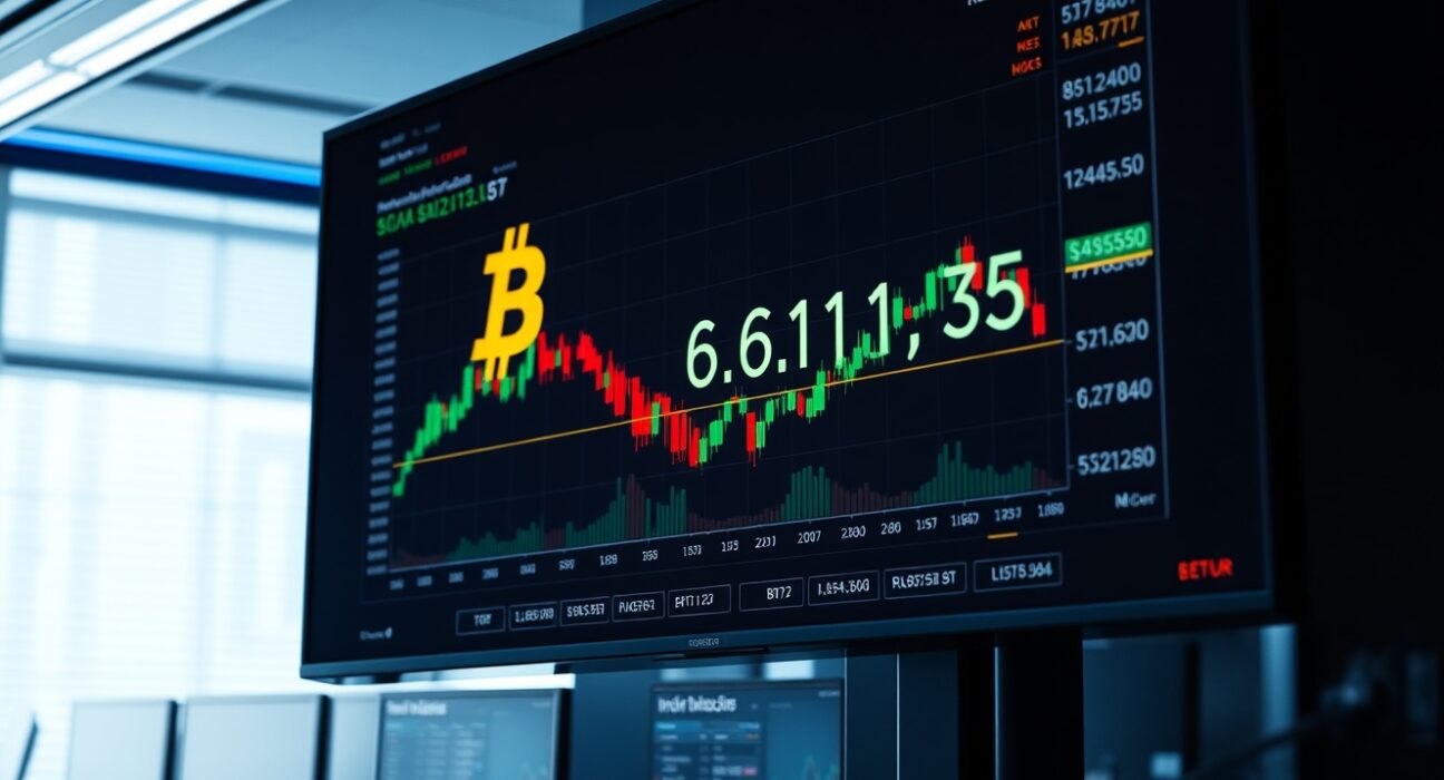Bitcoin price chart approaching $61,115 on a trading monitor with liquidation heatmap data visible.