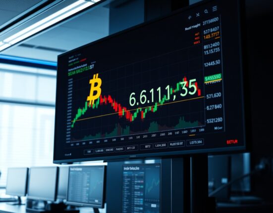 Bitcoin price chart approaching $61,115 on a trading monitor with liquidation heatmap data visible.