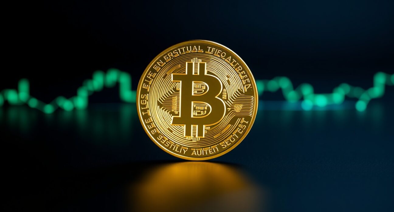 Bitcoin coin on dark background with digital chart reflections