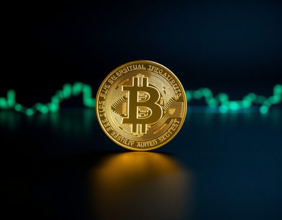 Bitcoin coin on dark background with digital chart reflections