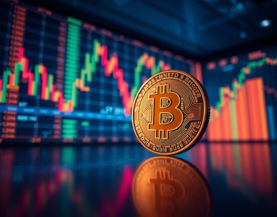 Bitcoin coin on reflective surface with blurred trading charts in background