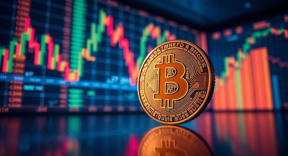 Bitcoin coin on reflective surface with blurred trading charts in background