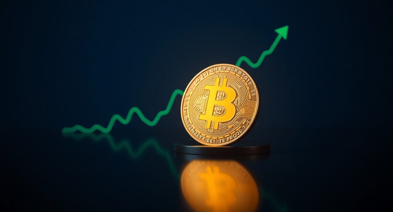 Bitcoin coin on reflective surface with upward trend graph in background