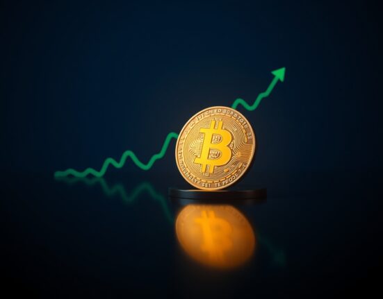 Bitcoin coin on reflective surface with upward trend graph in background