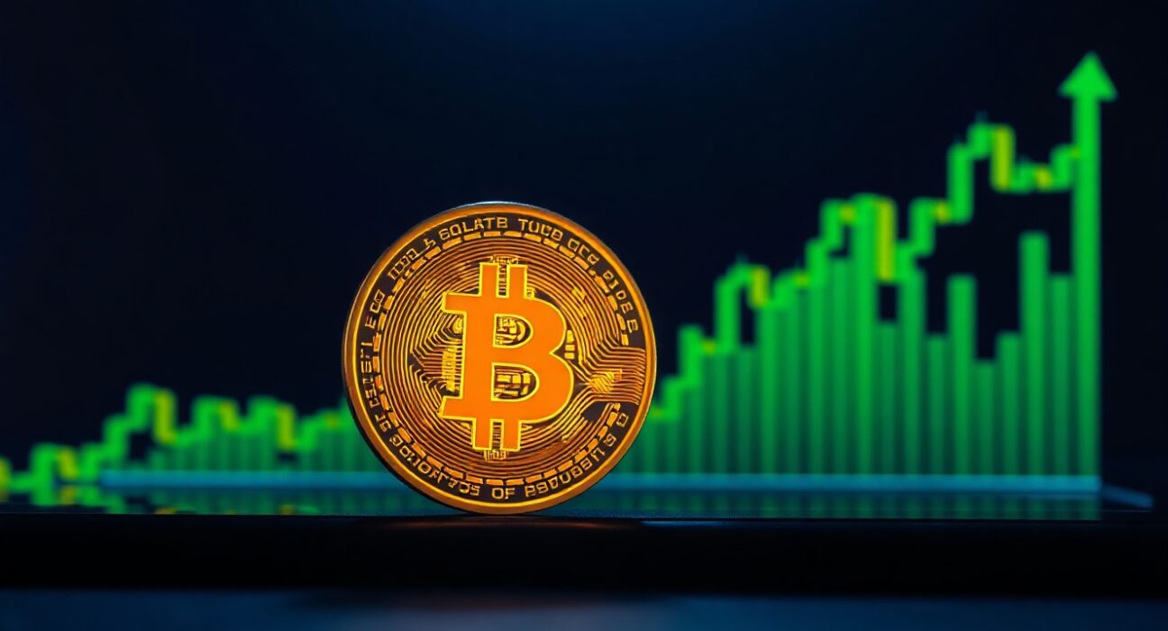 Bitcoin coin on a digital trading chart with green upward trend lines, symbolizing a price rally above $63,000.