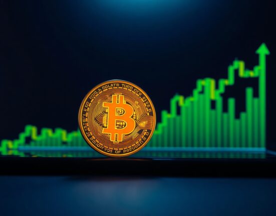 Bitcoin coin on a digital trading chart with green upward trend lines, symbolizing a price rally above $63,000.