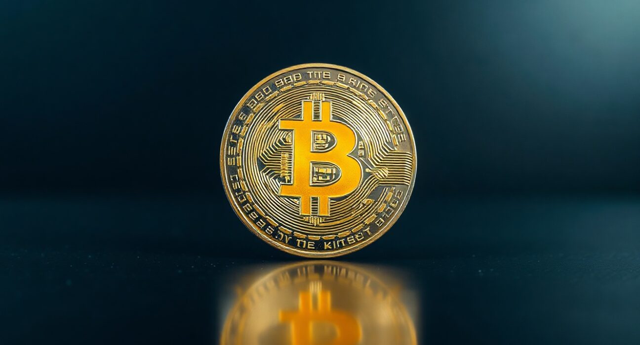 Bitcoin coin on dark metallic surface with soft lighting