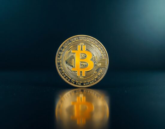Bitcoin coin on dark metallic surface with soft lighting