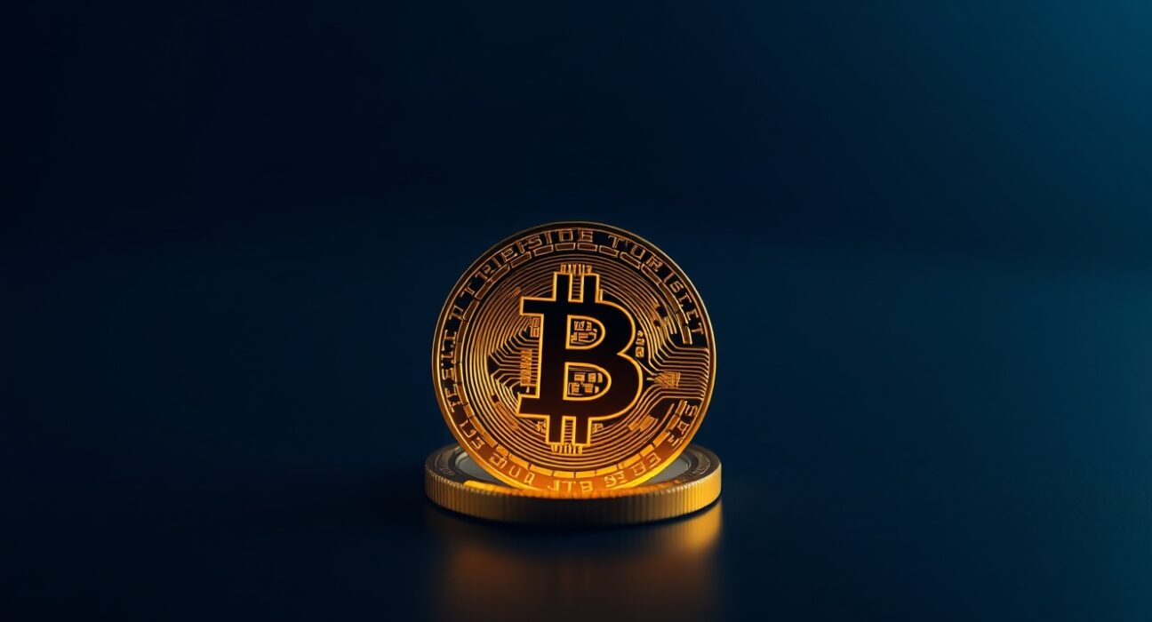 Bitcoin coin on reflective surface with soft golden lighting and dark blue background.