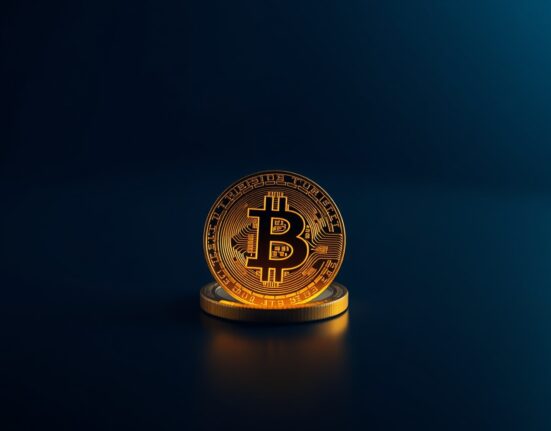 Bitcoin coin on reflective surface with soft golden lighting and dark blue background.