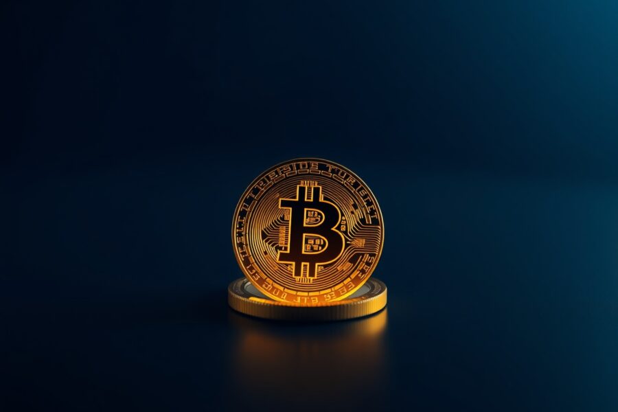 Bitcoin coin on reflective surface with soft golden lighting and dark blue background.
