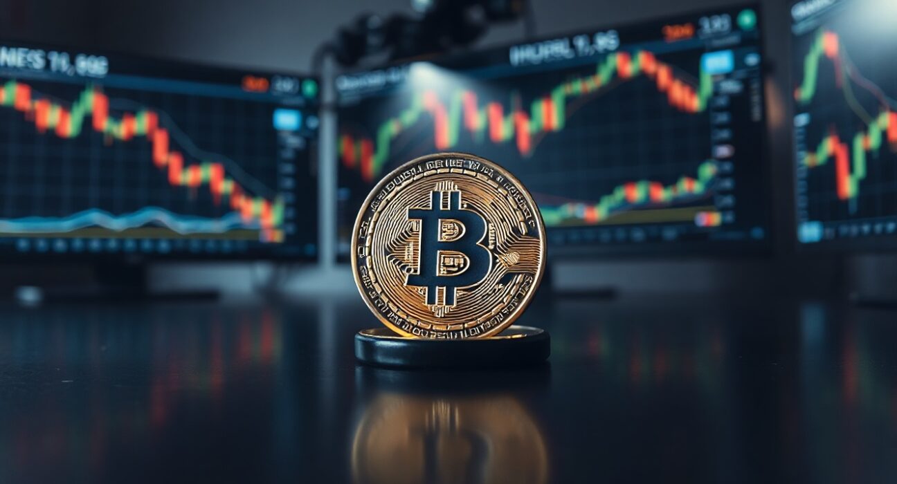 Bitcoin coin on reflective surface with trading charts in background